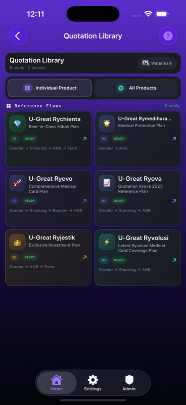 RygonN individual product quotation library screen